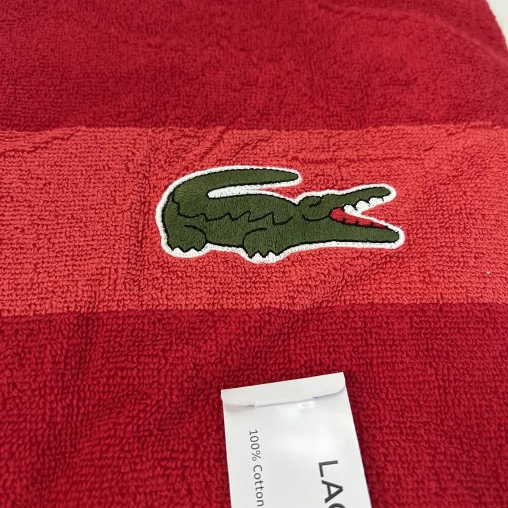 Two Lacoste Bath Towel Color Block Red Big Croc Logo 100% Cotton 30”x 52”